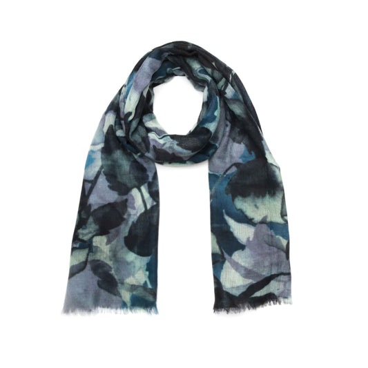 Midnight Ivy Scarf – Cotton Modal Wrap | Monochrome Leaves on Turquoise Green Canvas