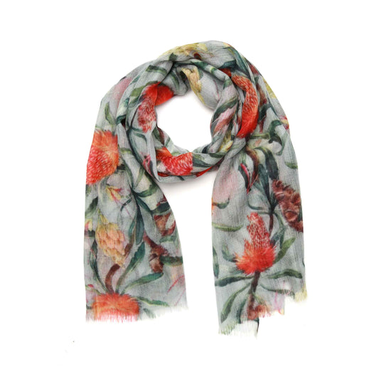 Banksia Blossom Scarf – Premium Merino Wool Silk Wrap | Native Australian Coastal Botanicals on Soft Grey
