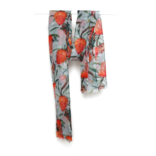 Banksia Blossom Scarf – Premium Merino Fine Wool Wrap | Native Australian Coastal Botanicals on Soft Grey