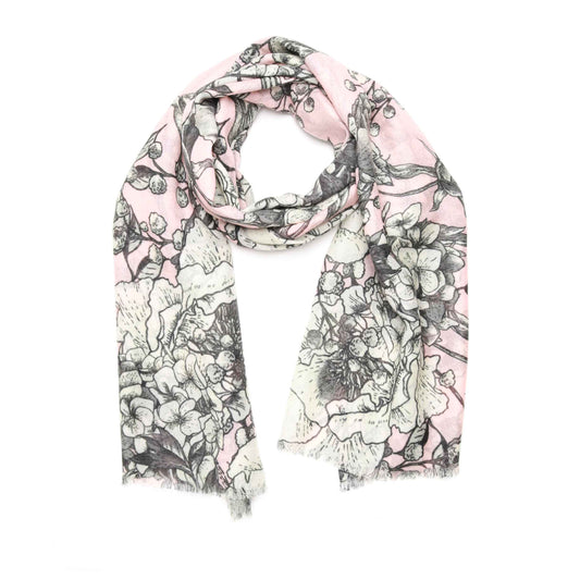 Blush Noir Garden Merino Wool Silk Scarf – Hand-Drawn Floral Designer Print