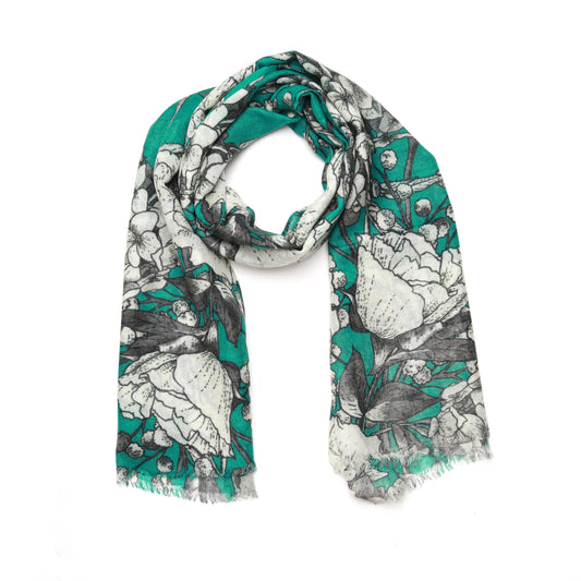 Teal Noir Garden Merino Wool Silk Scarf – Hand-Drawn Floral Designer Print