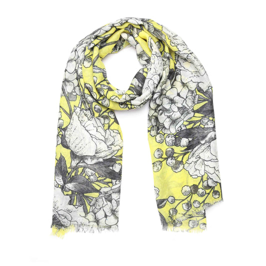 Sunlit Garden Merino Wool Silk Scarf – Hand-Drawn Floral & Bird Designer Print