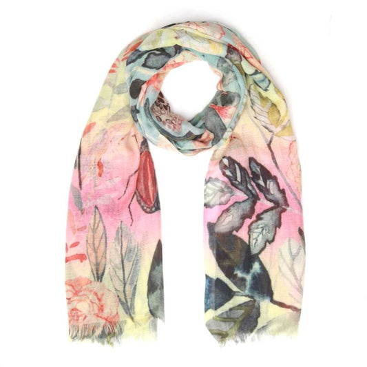 Sunset Garden Scarf – Merino Wool Silk Wrap | Coral Roses & Wild Botanicals on Ombre Sky