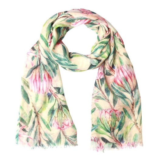 Blush Protea Garden Scarf – Merino Wool Silk | Watercolour Australian Native Floral Print
