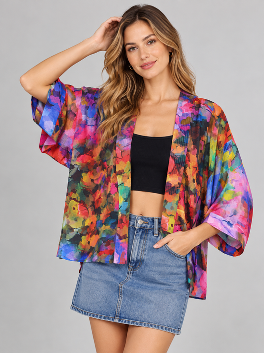 Kimono corto de terciopelo de algodón con estampado floral