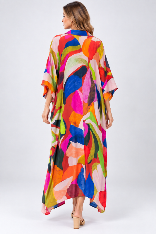 Multicolour Abstract Brushstroke Modal Satin Button-Down Dress