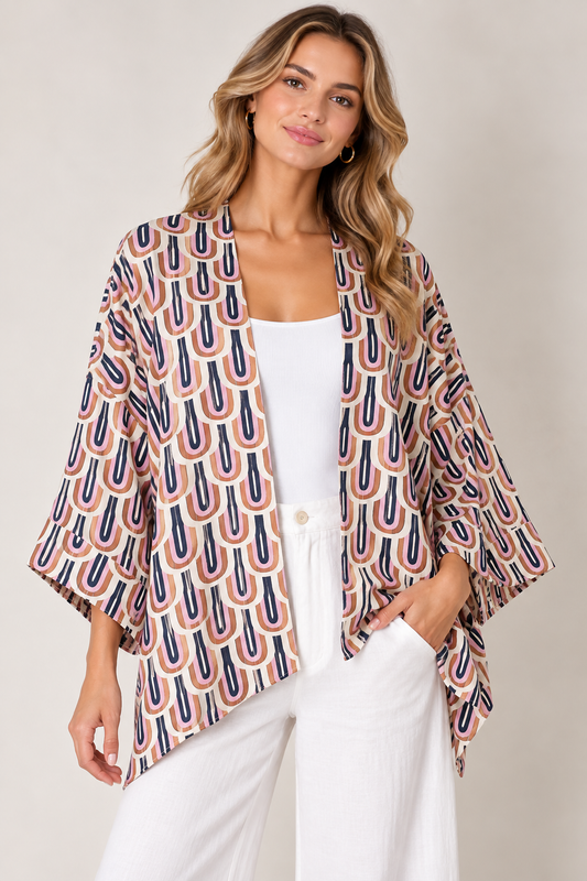 Geometric Arch Print Cotton Muslin Short Kimono