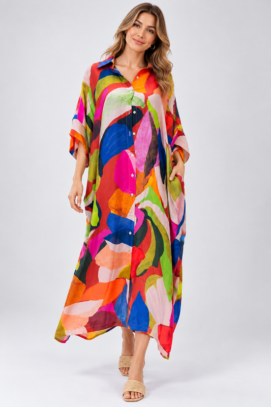 Multicolour Abstract Brushstroke Modal Satin Button-Down Dress