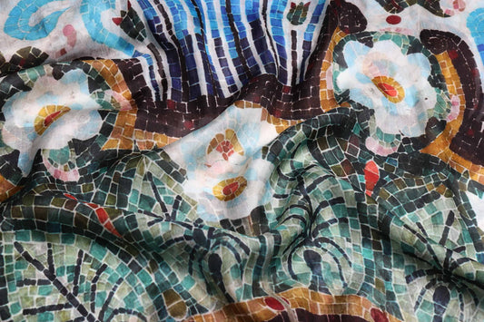 Mosaic Tile Scarf – Luxury Pure Silk Wrap | Artistic Floral & Geometric Pattern With Brown Hem