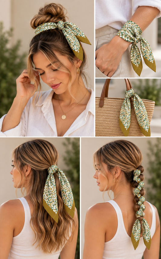 Green & Mustard Floral Silk Skinny Scarf