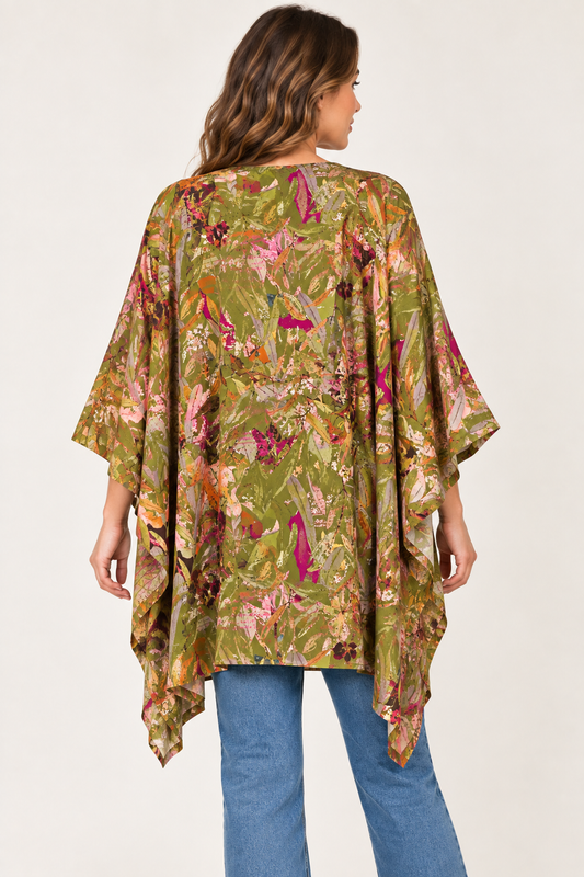 Olive Botanical Painterly Short Cotton Muslin Kimono