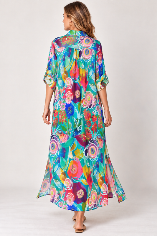Colourful Floral Button-Down Modal Satin Dress