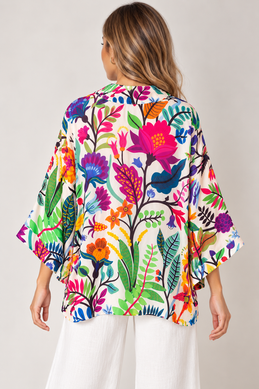 Botanical Folk Print Cotton Muslin Short Kimono