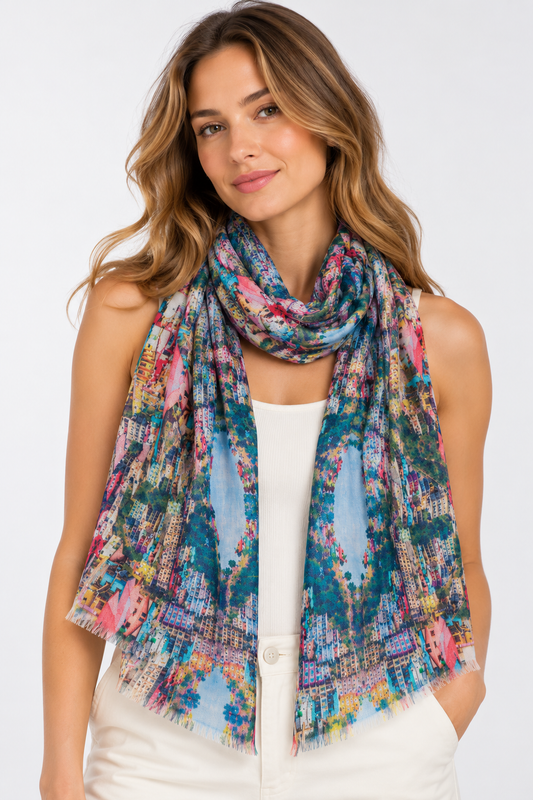 Colourful Urban Cityscape Mirror Print Cotton Modal Summer Scarf