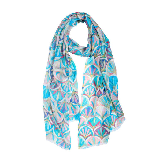 Art Deco Fans Abstract Scarf – Modal Silk Designer Wrap | Turquoise Blue & Pastel Pattern