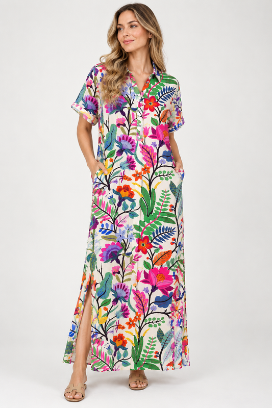 Botanical Floral Print Button-Down Maxi Dress