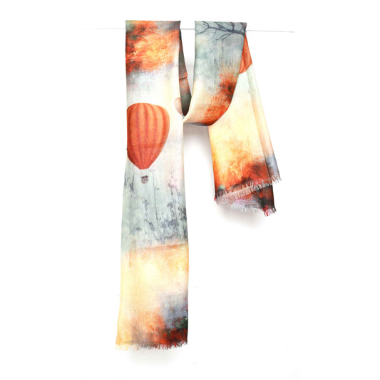 Autumn Sky Balloons Scarf – Merino Wool Silk Wrap | Abstract Floating Dreams in Fiery Sunset Hues