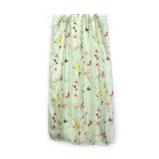 Butterfly Vine Garden Scarf – Pure Silk Designer Wrap | Pastel Botanical Floral Print