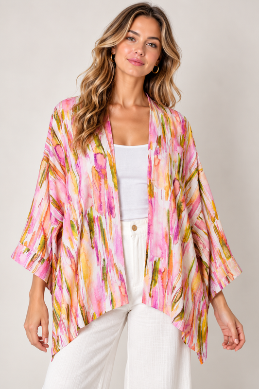 Abstract Brushstroke Cotton Muslin Short Kimono