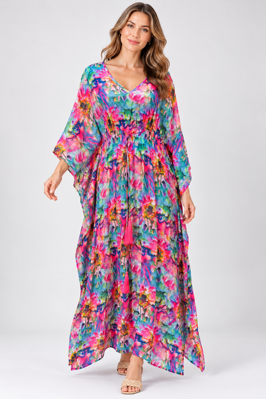 Abstract Watercolour Floral Viscose Crepe Maxi Kaftan