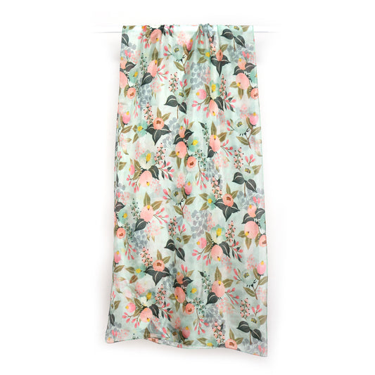 Mint Blossom Bouquet Scarf – Pure Silk Designer Wrap | Pastel Botanical Floral Print