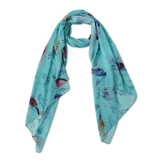 Tropical Bird Scarf – Cotton Modal Blend | Colorful Songbird & Botanical Print on Aqua Blue