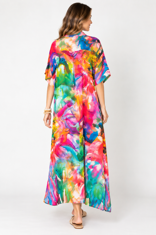 Watercolour Floral Button-Down Modal Satin Dress