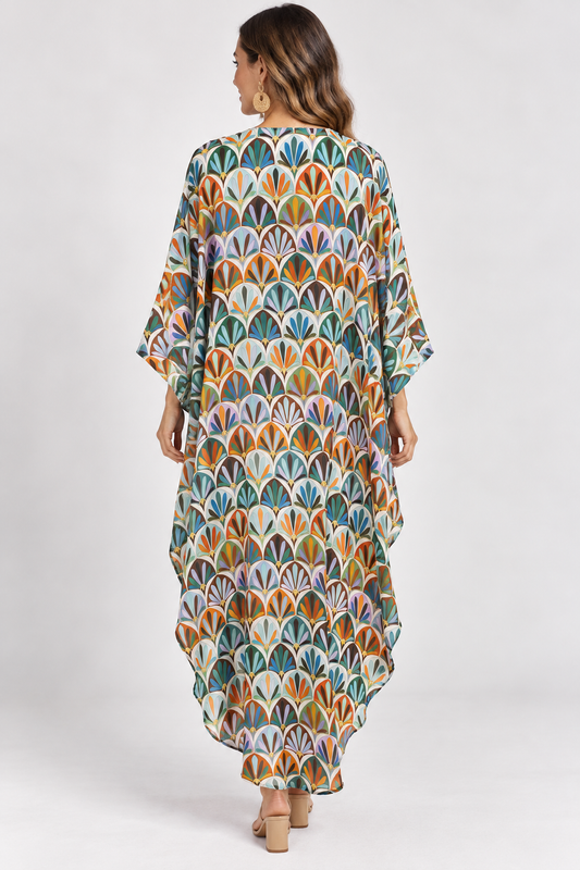 Art Deco Fan Print Long Modal Satin Kimono