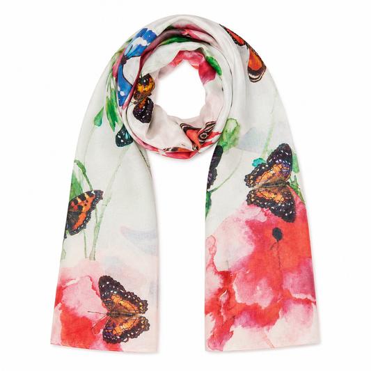 Fluttering Garden Silk Scarf – Floral & Butterfly Print