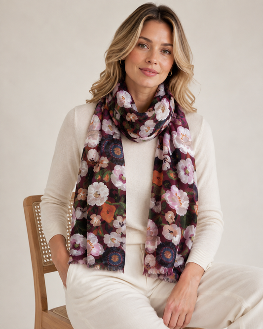 Moonlit Bloom Garden – Merino Wool  Scarf