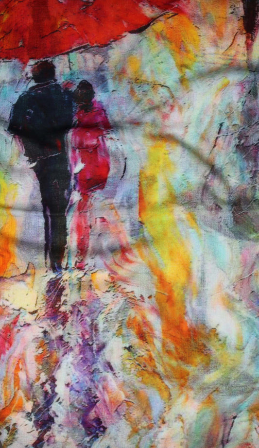 Rainy Day Romance Scarf – Premium Merino Wool Silk Wrap | Abstract Umbrella Walk in Bold Colours
