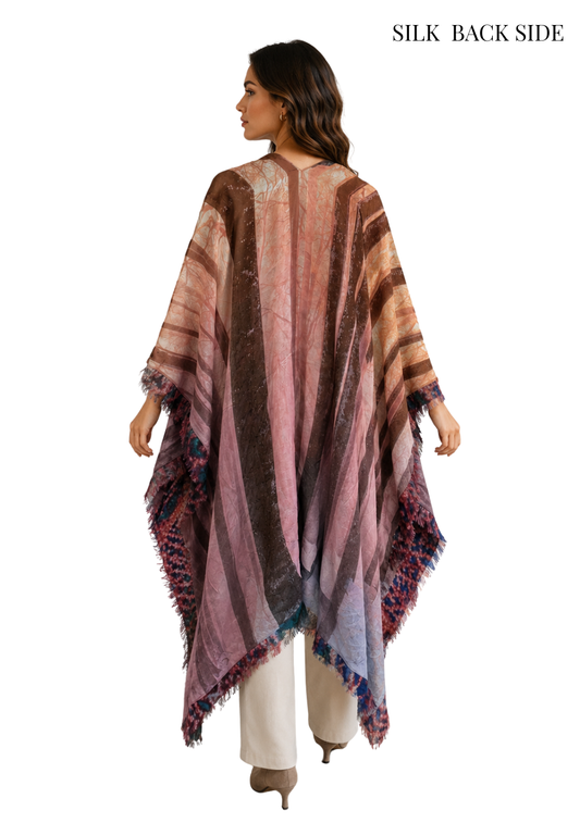 Blush Twilight Stripes Reversible Pure Silk and Merino Wool Cape