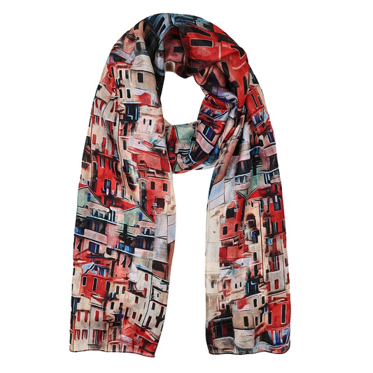 Cinque Terre Charm Scarf – Pure Silk| Italian Coastal Village Print in Vibrant Red & Pastel Tones