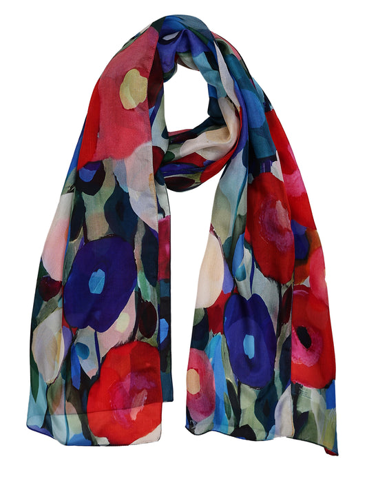 Artisan Poppies Garden Bloom Scarf – Pure Silk Designer Wrap | Blue, Crimson & Ivory Floral Abstract Print
