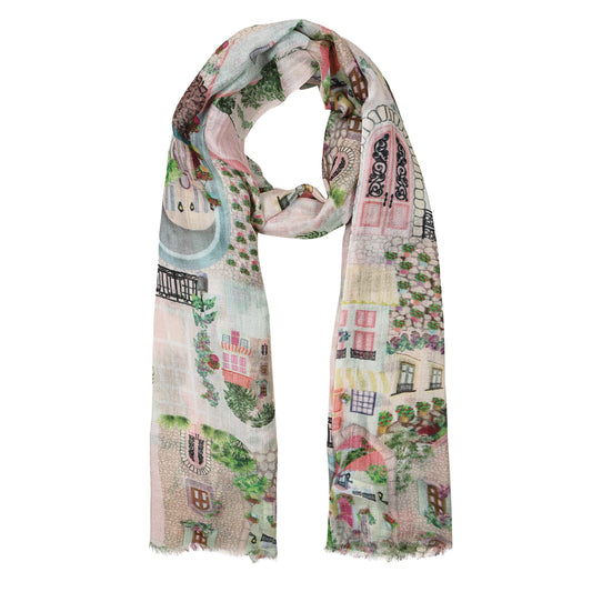 Mediterranean Village Scarf – Modal Silk Designer Wrap | Pastel Architectural Print