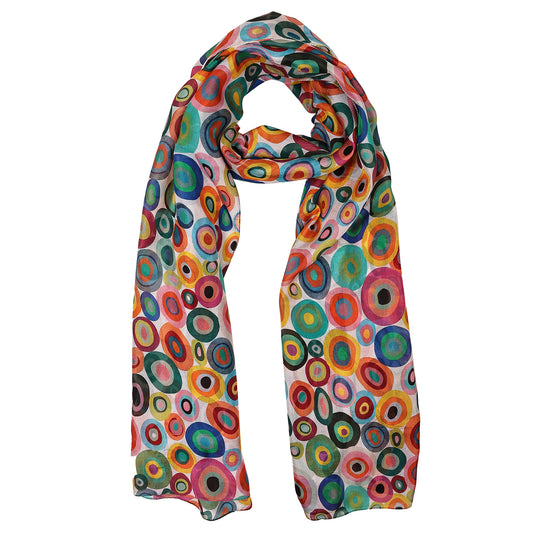 Kaleidoscope Circles Scarf – Pure Silk | Vibrant Geometric Abstract Designer Wrap - White base
