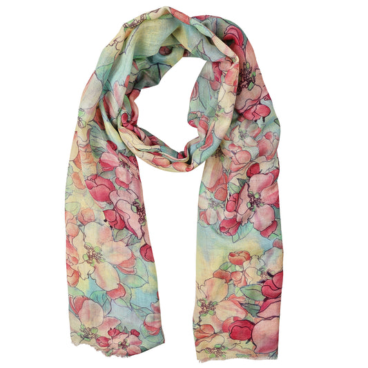 Blossom Whisper Floral Scarf – Modal Silk Designer Wrap | Pastel Watercolor Botanical Print