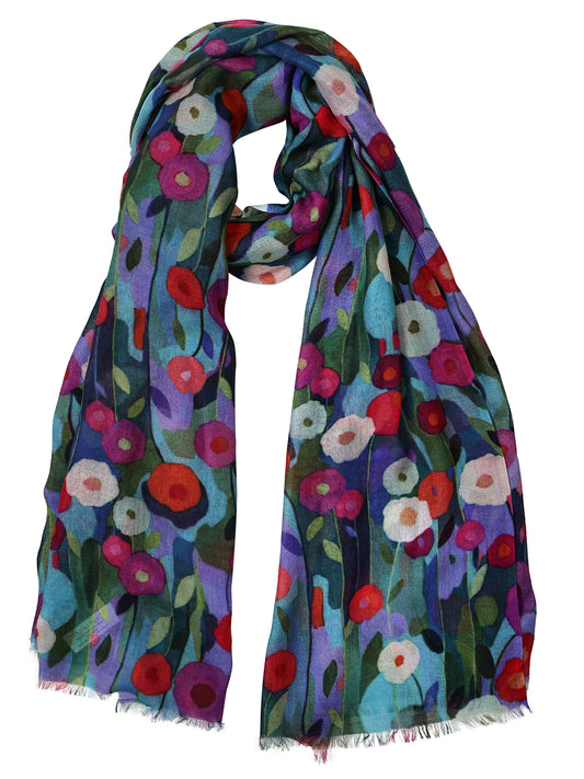 Azure Poppies Garden Bloom Scarf – Modal Silk | Artistic Floral Wrap with Bold Multicolor Blooms on Deep Blue Base