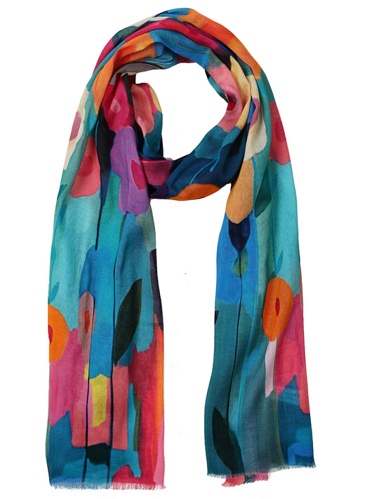 Vibrant Poppy Garden Symphony Scarf – Fine Merino Wool | Bold Abstract Floral Wrap with Teal and Fuchsia Accents