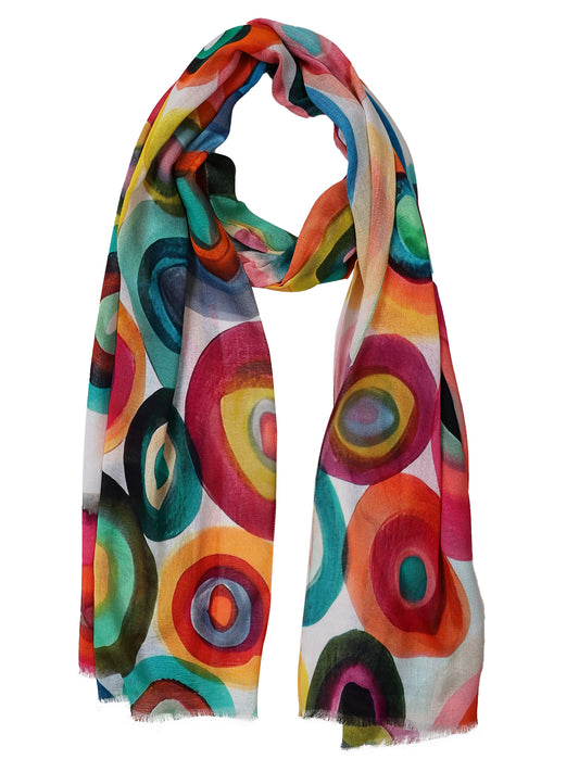 Chromatic Orbit Modal Silk Scarf – Abstract Circle Art Print