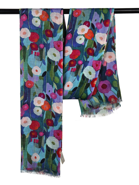 Azure Poppies Garden Bloom Scarf – Modal Silk | Artistic Floral Wrap with Bold Multicolor Blooms on Deep Blue Base