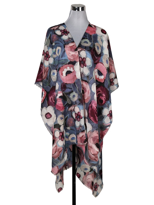 Merino Wool Vintage Rose Garden Travel Cape – Dusty Blue Multicolor Floral Print