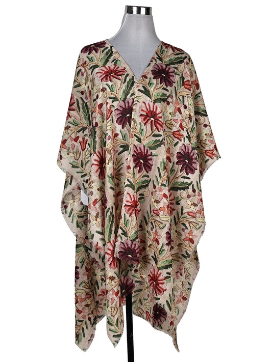 Merino Wool Vintage Botanical Floral Travel Cape – Ivory Multicolor Garden Print