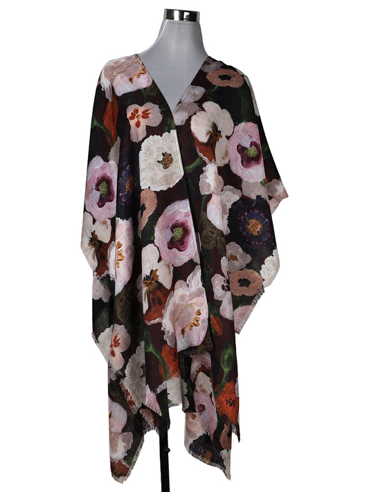 Midnight Floral Garden Merino Wool Travel Cape – Elegant Botanical Designer Cape