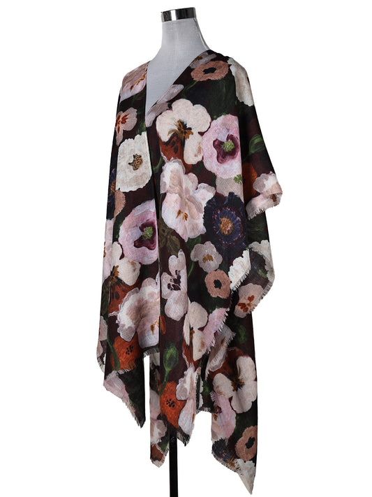 Midnight Floral Garden Merino Wool Travel Cape – Elegant Botanical Designer Cape