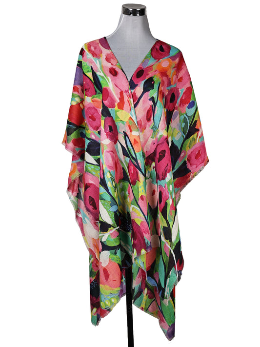 Merino Wool Vibrant Garden Floral Print Cape – Multicolor Artistic Travel Cape