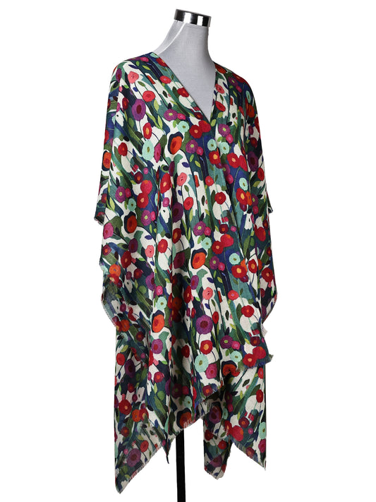 Merino Wool Wildflower Meadow Travel Cape – Multicolor Botanical Garden Print
