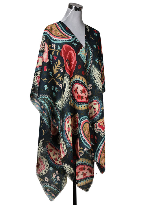 Royal Teal Paisley Merino Wool Travel Cape – Vintage Floral Paisley Designer Cape