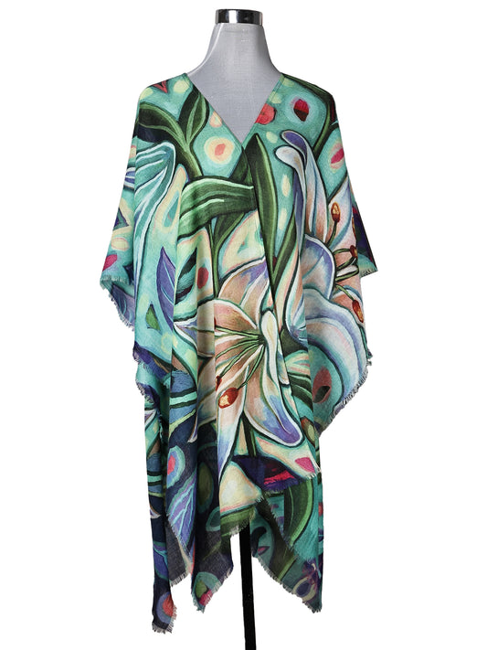Merino Wool Botanical Lily Print Cape – Teal & Mint Green Artistic Travel Cape