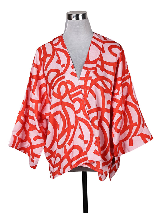 Blush Crimson Abstract Script Cotton Muslin Short Kimono